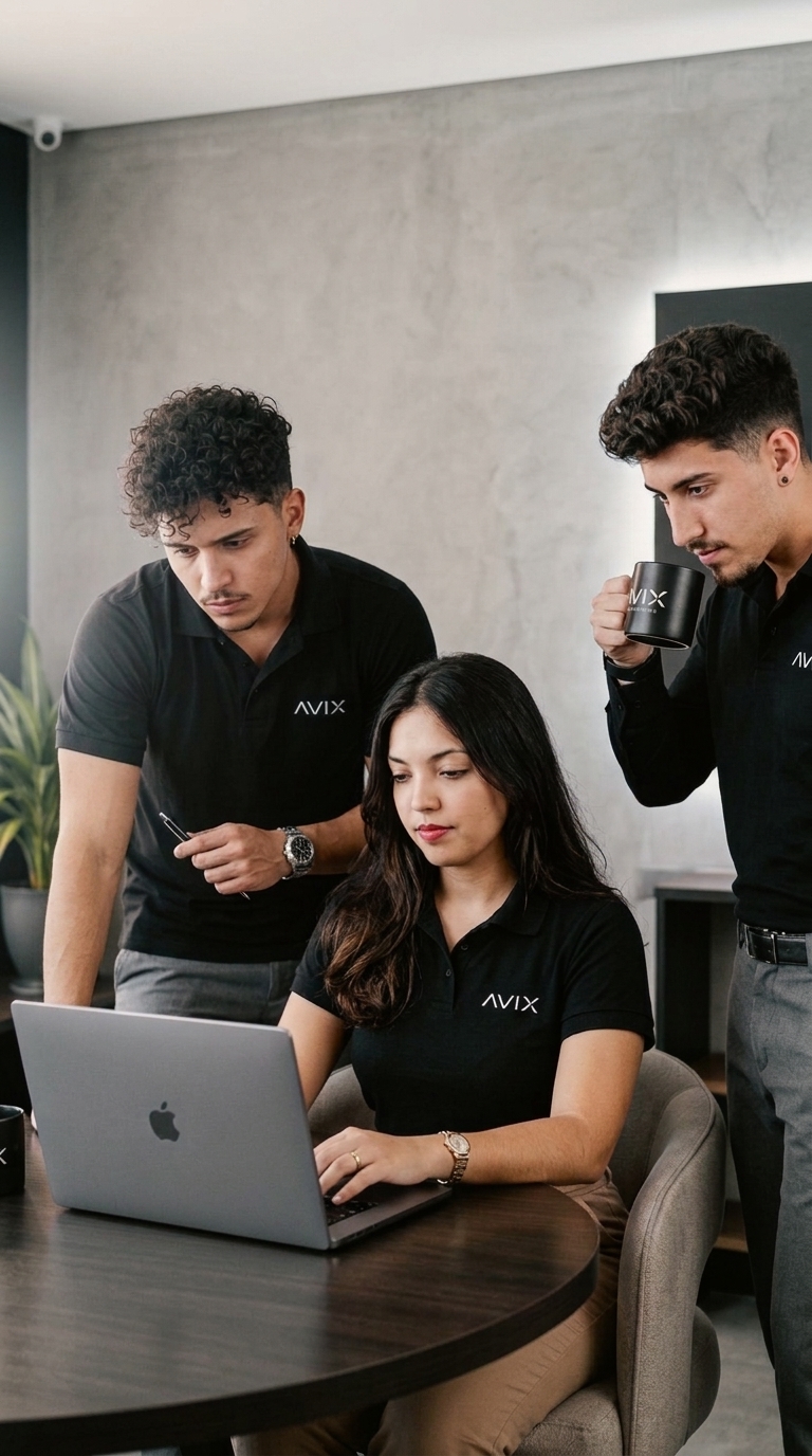 Equipe AVIX trabalhando em estratégia de marketing